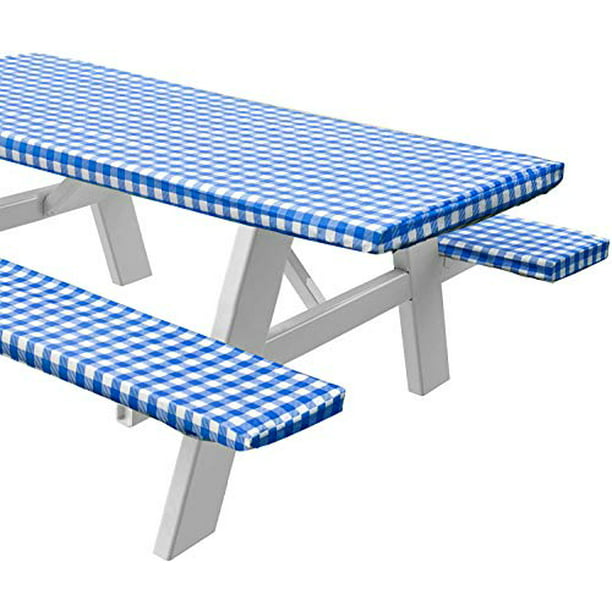 Grey 3 PCS 72 Inches Vinyl Picnic Table Cover and Bench Covers Fitted Tablecloth Flannel Backing Elastic Edge Waterproof Wipeable Plastic Tabel Cover Vinyl Tablecloth for for Indoor Outdoor Parties 